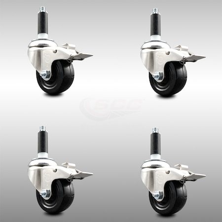 Service Caster 3 Inch 316SS Soft Rubber Swivel 3/4 Inch Expanding Stem Caster Set Lock Brake SCC-SS316TTLEX20S314-SRS-34-4